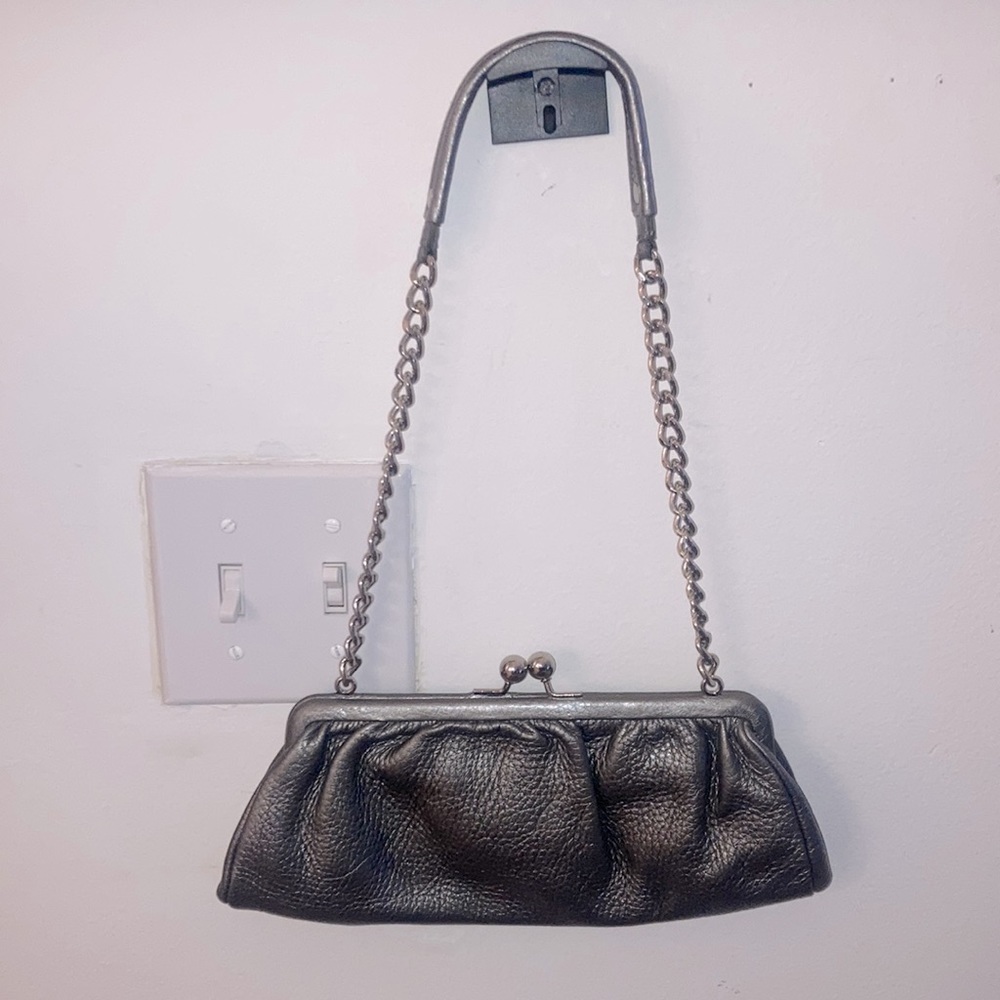 Talbots Small Silver Leather Clamshell Purse Bag